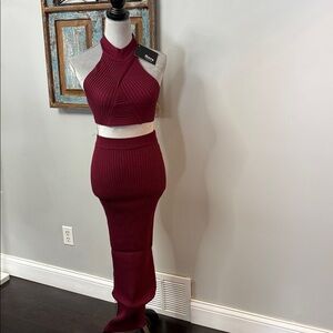 Hera Collection Maroon Ribbed Halter dress duo NWT M